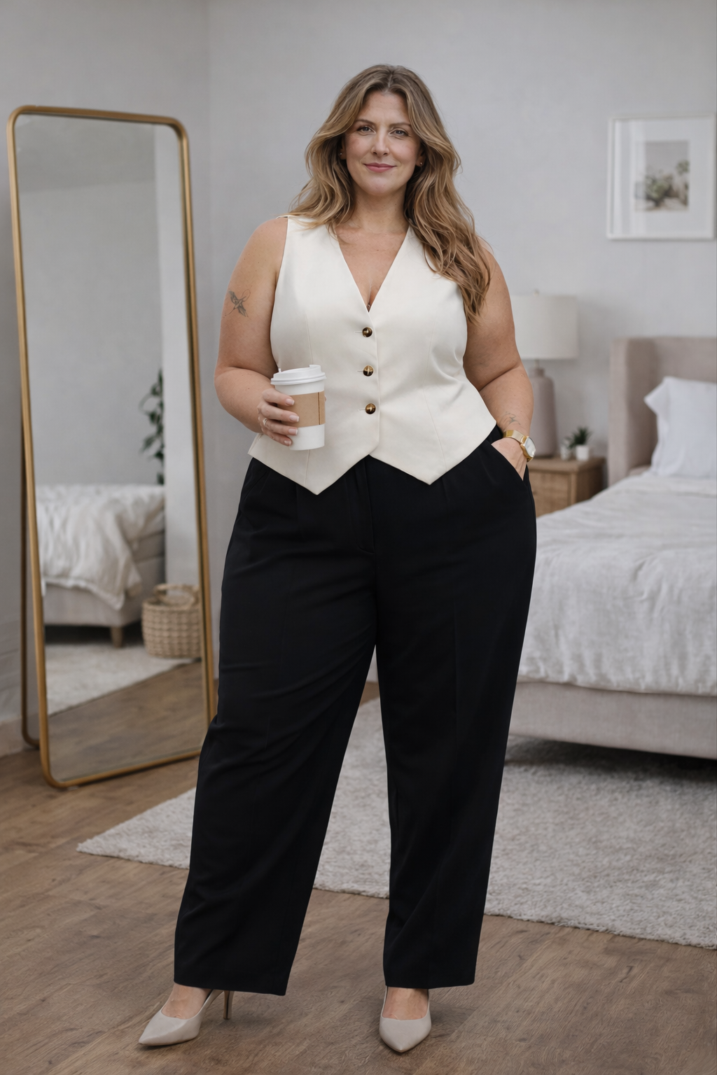 Dos modelos usando Palazzo Sastrero negro y beige Vittoria Shop